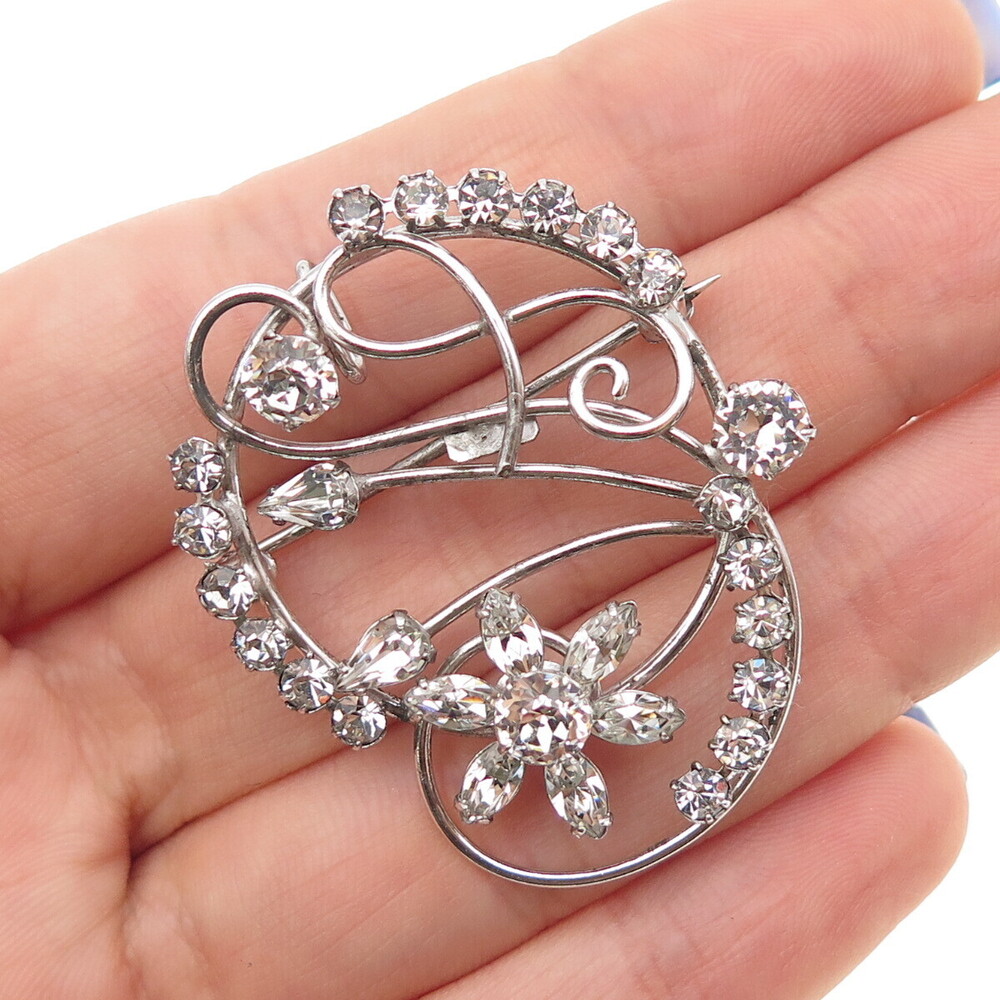 CARL ART 925 Sterling Silver Antique Art Deco Rhinestone Swirl Pin Brooch